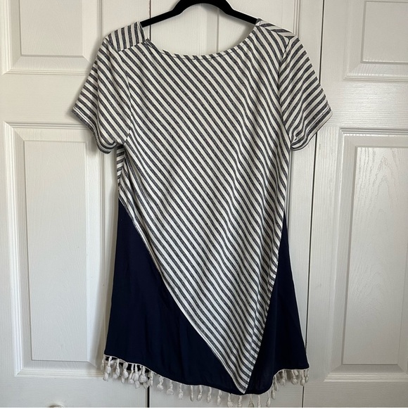 Umgee Navy Blue White Stripe Tasseled Trim Tunic Boho Resortwear Beach Size M - Picture 2 of 7